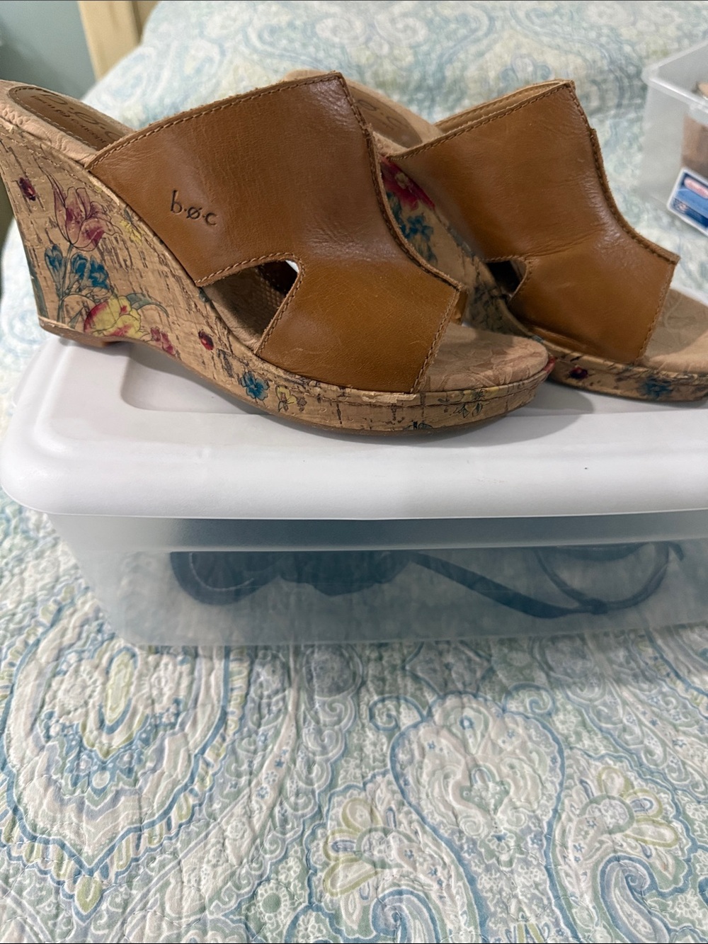 b.o.c. Brown Leather Floral Cork Wedge Mules